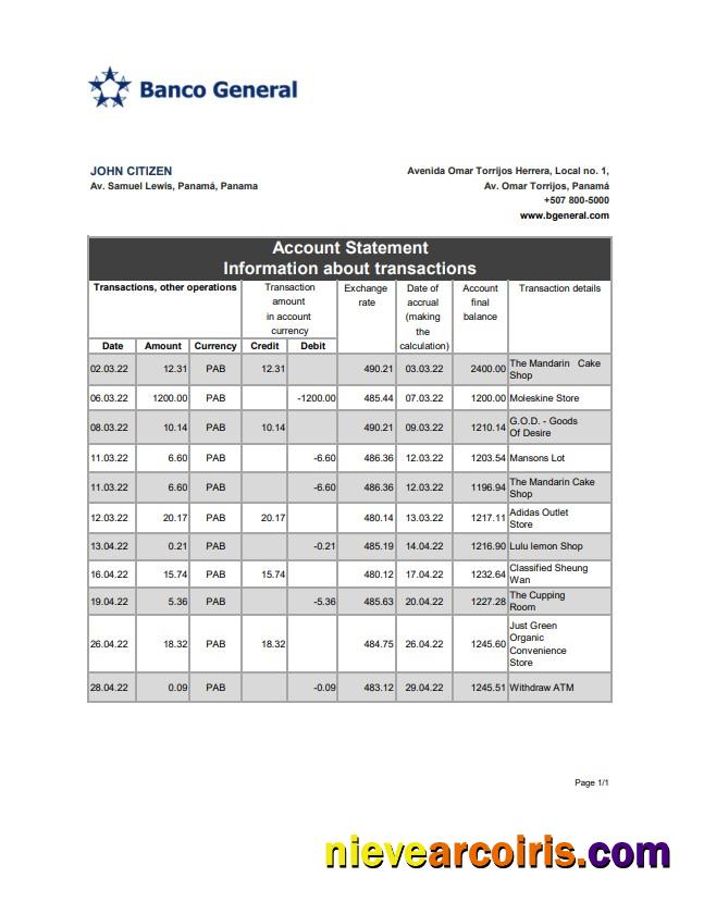 Panama Banco General bank statement xls
